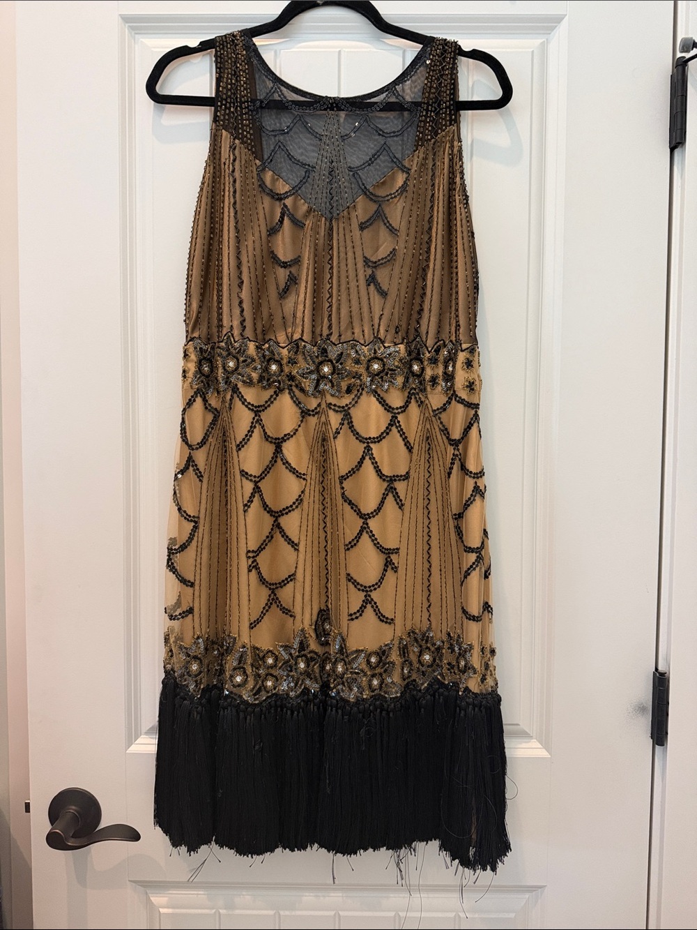 Vintage-Inspired Gatsby Beaded Fringe Dress in Tan and Black